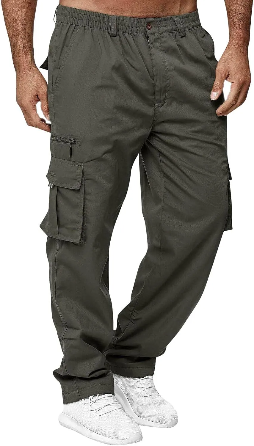 Cargo Pants for Men Relaxed Fit Elastic Waist Pants Straight Leg Chinos Pants High Waisted Track Pants with Pockets