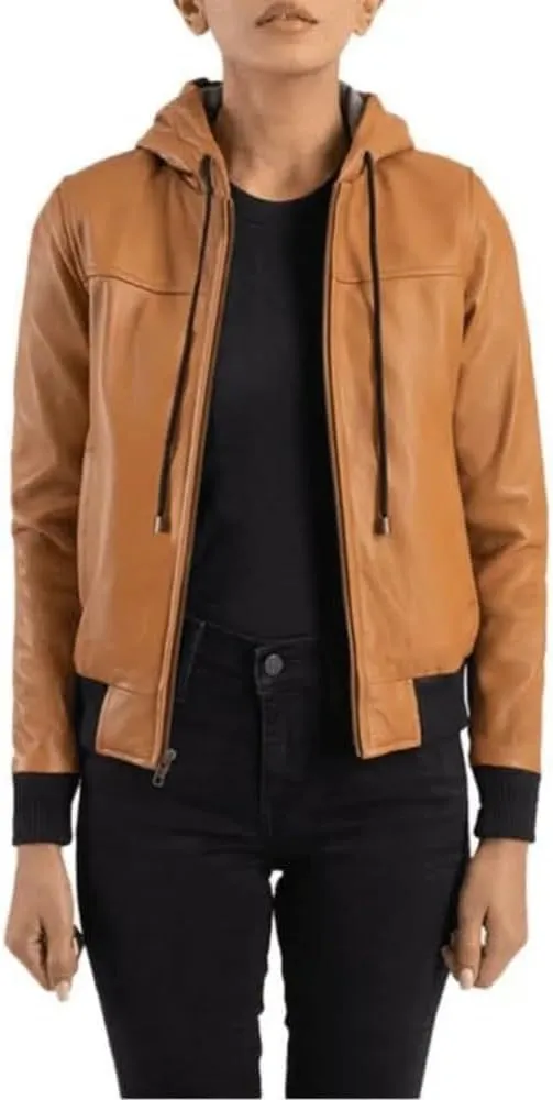 Casual Classic Slimfit Women's Hooded (String) Leather Bomber Biker Moto Rider Jacket, Genuine Sheepskin, Tan Brown