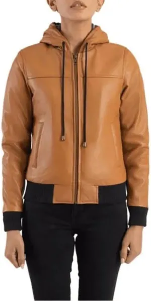 Casual Classic Slimfit Women's Hooded (String) Leather Bomber Biker Moto Rider Jacket, Genuine Sheepskin, Tan Brown