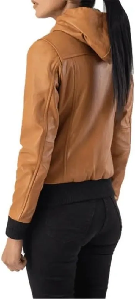 Casual Classic Slimfit Women's Hooded (String) Leather Bomber Biker Moto Rider Jacket, Genuine Sheepskin, Tan Brown