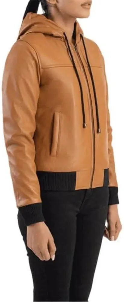 Casual Classic Slimfit Women's Hooded (String) Leather Bomber Biker Moto Rider Jacket, Genuine Sheepskin, Tan Brown