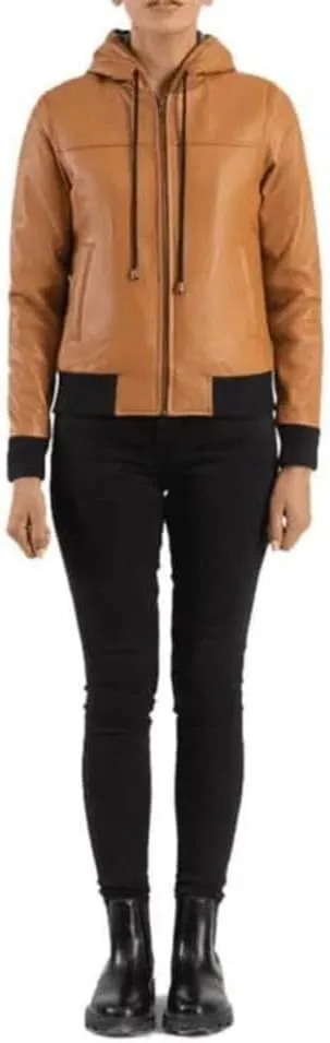 Casual Classic Slimfit Women's Hooded (String) Leather Bomber Biker Moto Rider Jacket, Genuine Sheepskin, Tan Brown