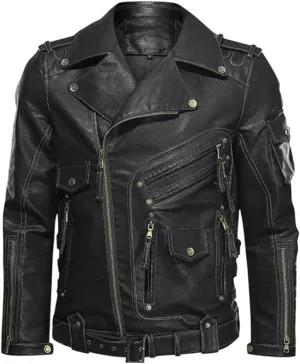 Classic Brando Vintage Casual Men's Genuine Sheepskin Leather Biker Motorcycle Moto Cafe Racer SlimFit Lapel Jacket