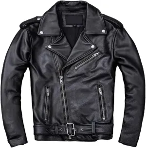 Classic Brando Vintage Casual Men's Genuine Sheepskin Leather Biker Motorcycle Moto Cafe Racer SlimFit Lapel Jacket