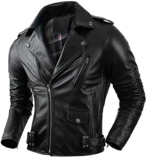 Classic Brando Vintage Casual Men's Genuine Sheepskin Leather Biker Motorcycle Moto Cafe Racer SlimFit Lapel Jacket