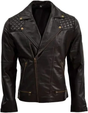 Classic Brando Vintage Casual Men's Genuine Sheepskin Leather Biker Motorcycle Moto Cafe Racer SlimFit Lapel Jacket