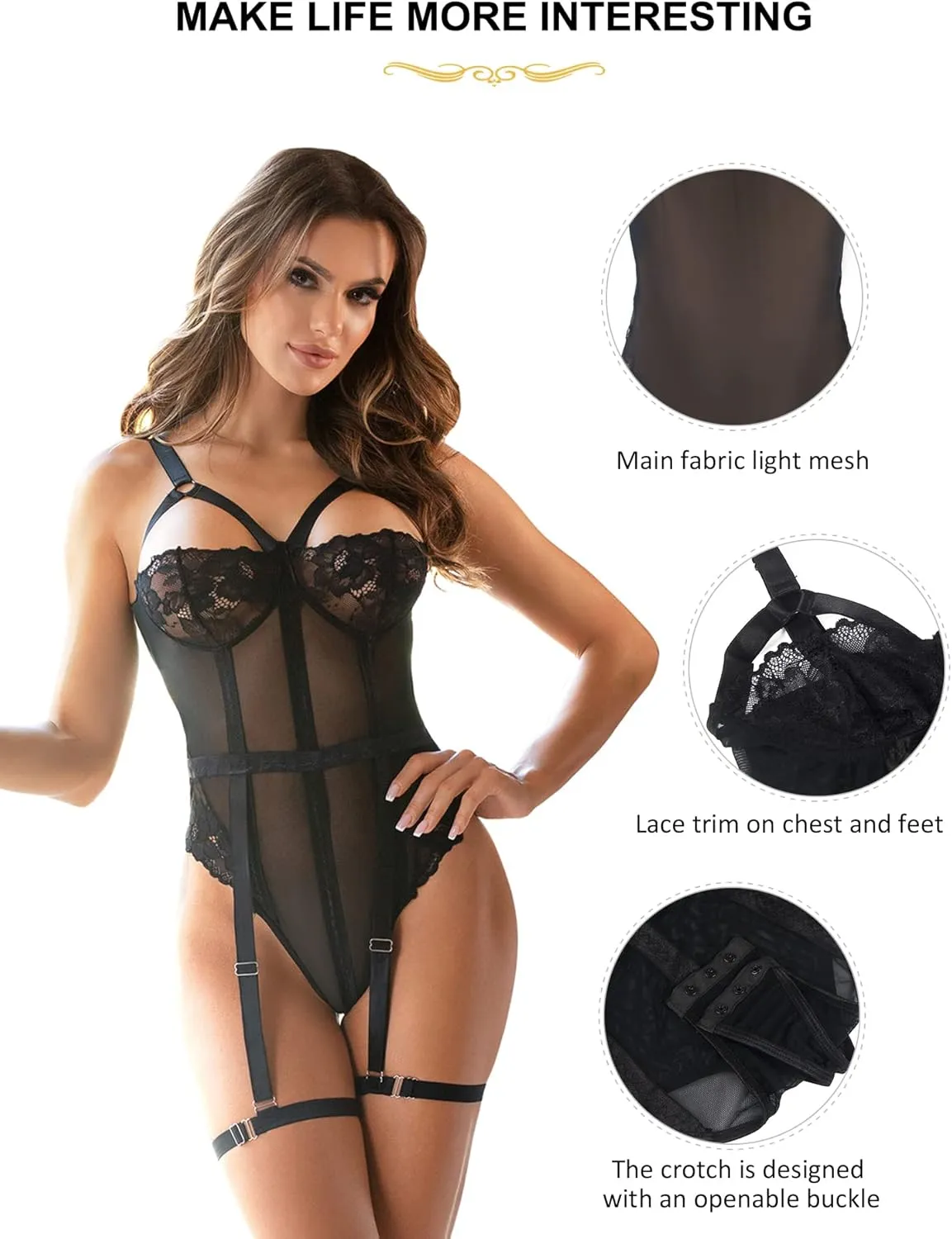 comeondear Womens Sexy Lingerie Set Mesh Babydoll Plus Size Teddy Bodysuit with Thigh Garter and Leg Ring,XS-4XL