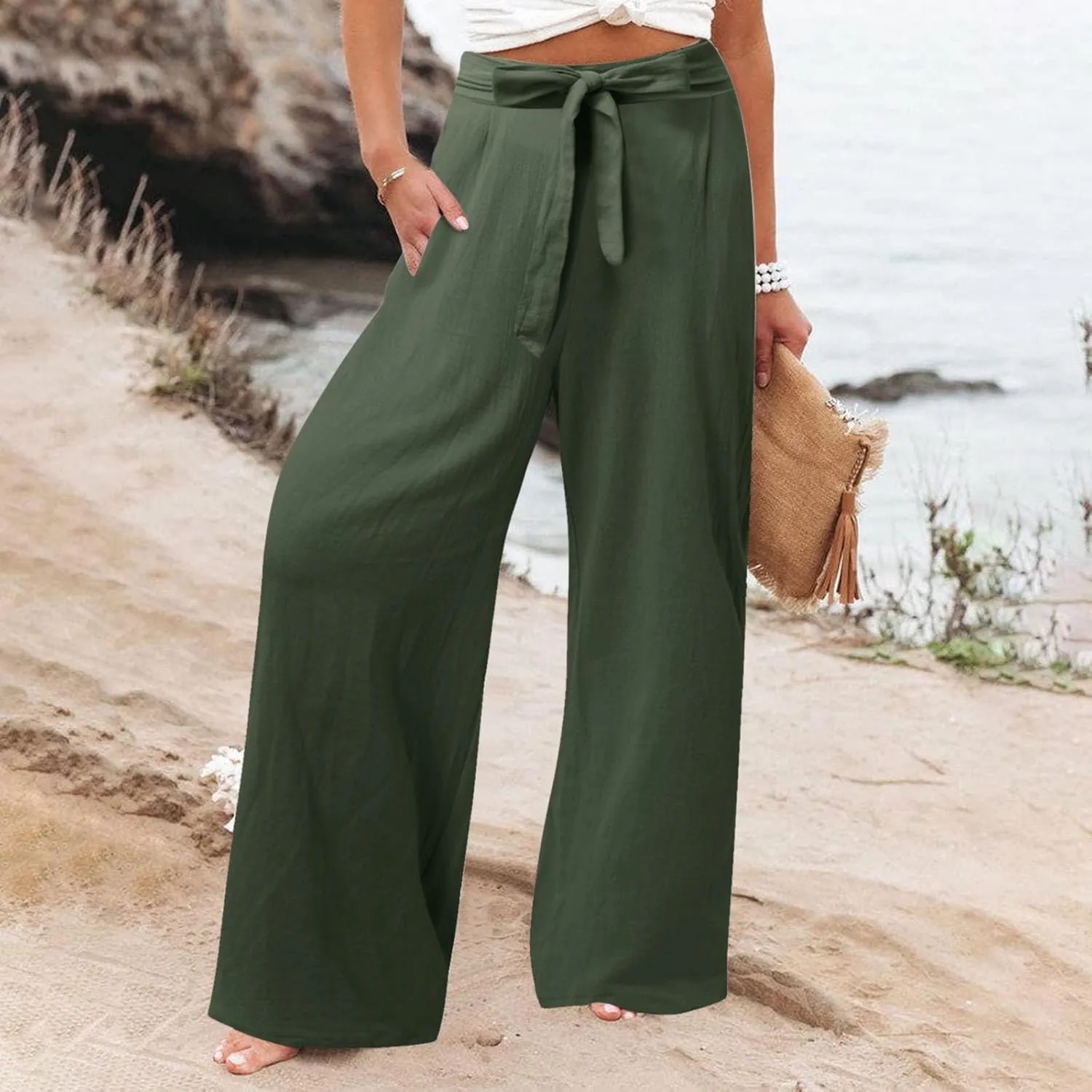 Corduroy Pleated Pants for Women Winter Streetwear Hiking Sweatpants with Pockets Elastic Waist Elastic
