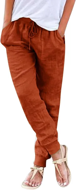Cotton Linen Capri Pants for Women Casual Summer Loose Drawstring Elastic Waist Pants Casual Trousers with Pockets