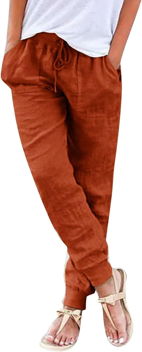 Cotton Linen Capri Pants for Women Casual Summer Loose Drawstring Elastic Waist Pants Casual Trousers with Pockets