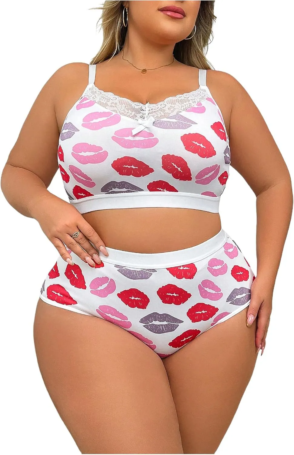 COZYEASE Women's Plus Size 2 Piece Lingerie Heart Print Bow Lace Full Coverage Bra and Panty Sets