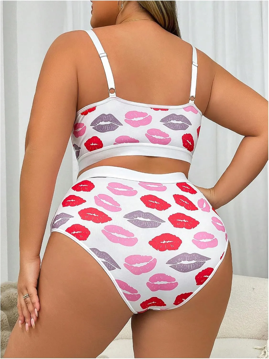 COZYEASE Women's Plus Size 2 Piece Lingerie Heart Print Bow Lace Full Coverage Bra and Panty Sets