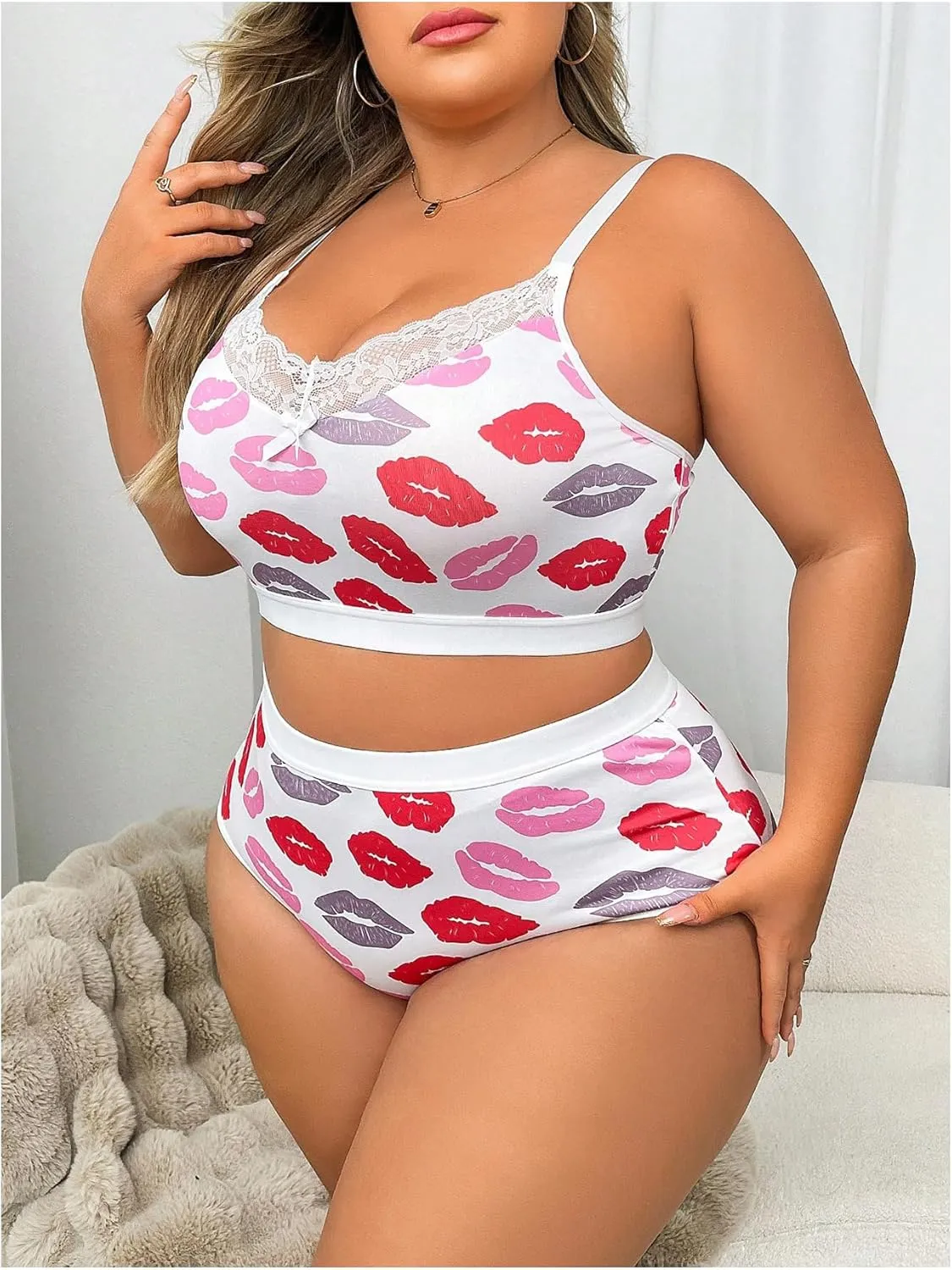 COZYEASE Women's Plus Size 2 Piece Lingerie Heart Print Bow Lace Full Coverage Bra and Panty Sets
