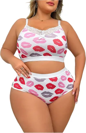 COZYEASE Women's Plus Size 2 Piece Lingerie Heart Print Bow Lace Full Coverage Bra and Panty Sets
