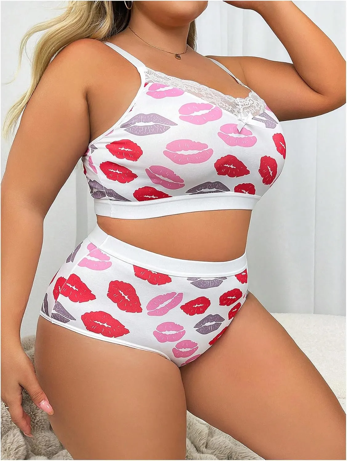 COZYEASE Women's Plus Size 2 Piece Lingerie Heart Print Bow Lace Full Coverage Bra and Panty Sets
