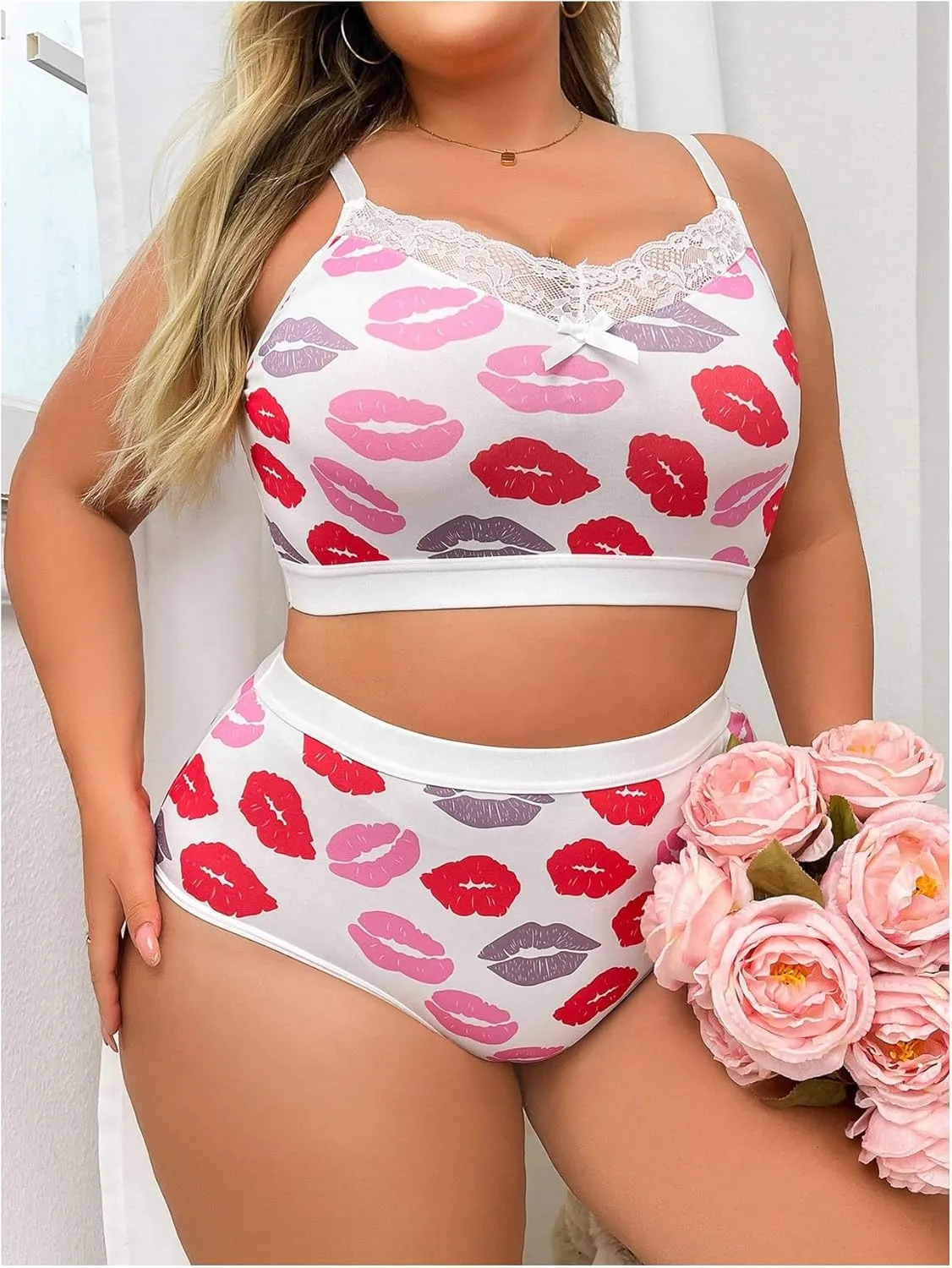COZYEASE Women's Plus Size 2 Piece Lingerie Heart Print Bow Lace Full Coverage Bra and Panty Sets