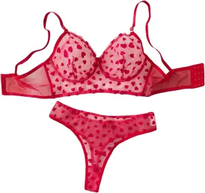 COZYEASE Women's Plus Size Lingerie Heart Sheer Mesh Underwire Bra and Panty Sets