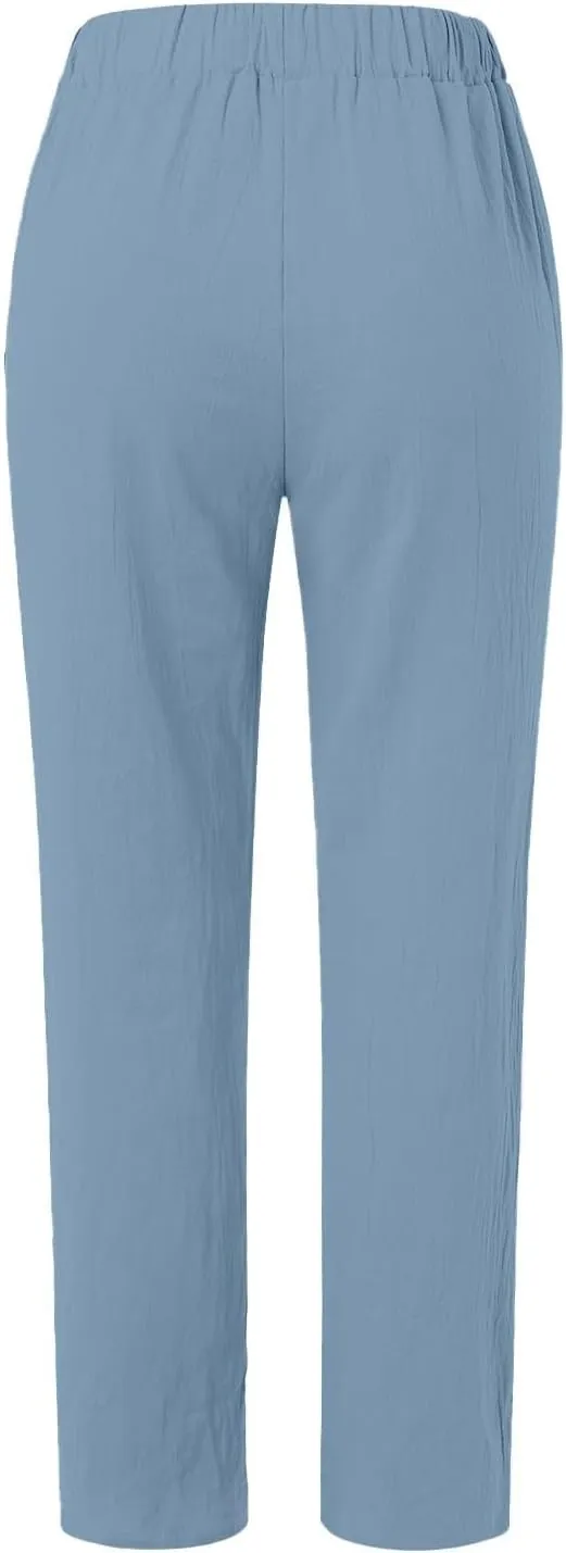 Cropped Linen Pants Women Summer Casual Elastic Waist Pants Baggy Wide Leg Crop Pants Side Button Down Capri Pants