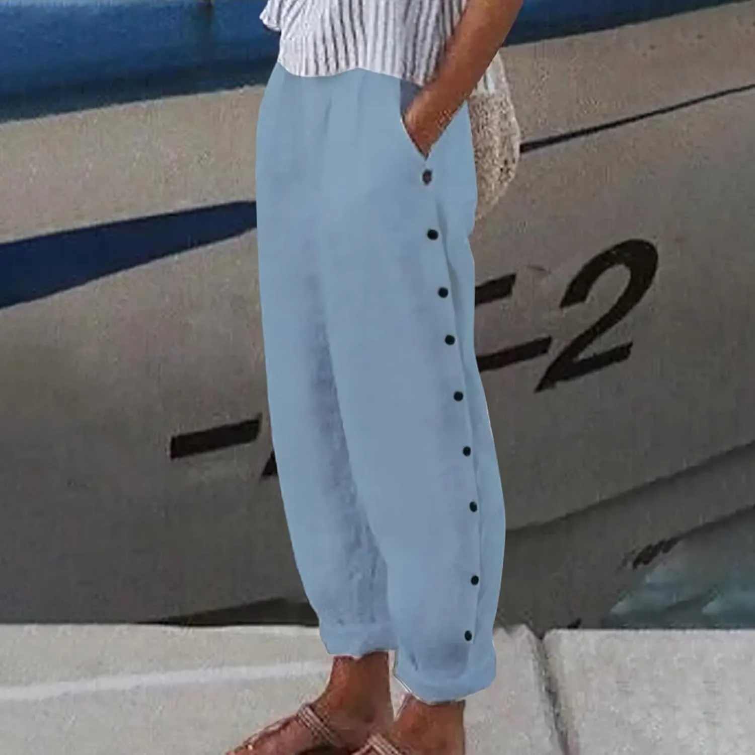 Cropped Linen Pants Women Summer Casual Elastic Waist Pants Baggy Wide Leg Crop Pants Side Button Down Capri Pants