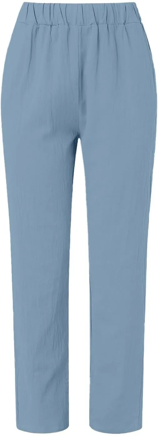 Cropped Linen Pants Women Summer Casual Elastic Waist Pants Baggy Wide Leg Crop Pants Side Button Down Capri Pants