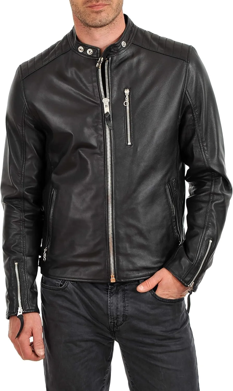 D DOLLY LAMB Lambskin Leather Moto Biker Jacket for Men, Winter Wear Bomber Jacket