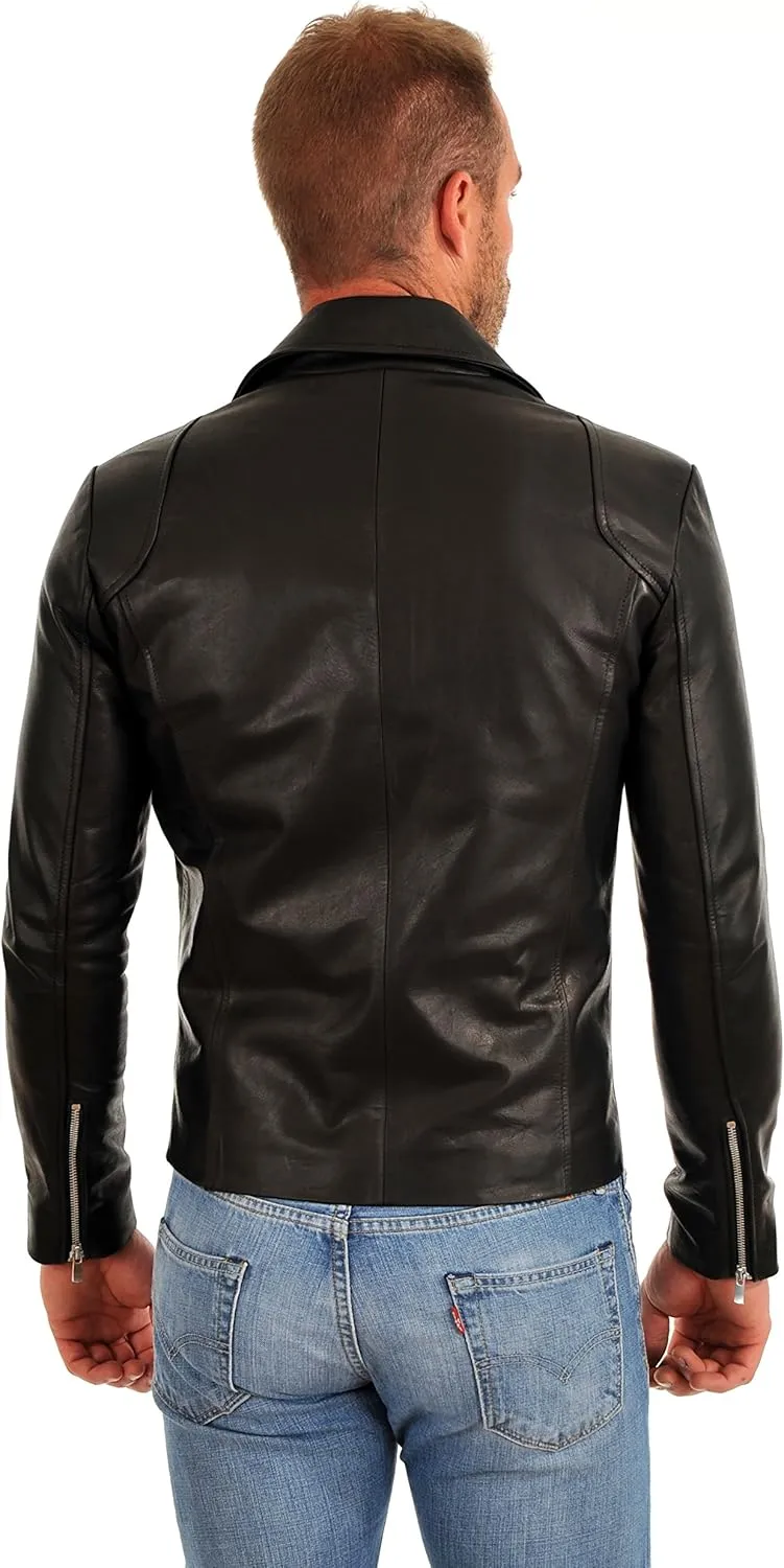 D DOLLY LAMB Men's Lambskin Leather Bomber Biker Jacket, Black