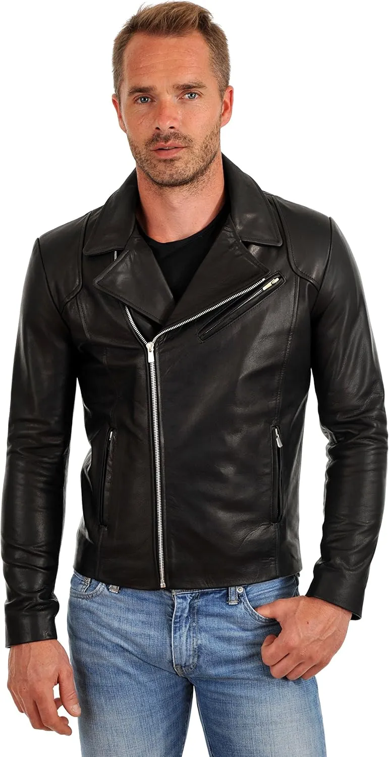 D DOLLY LAMB Men's Lambskin Leather Bomber Biker Jacket, Black