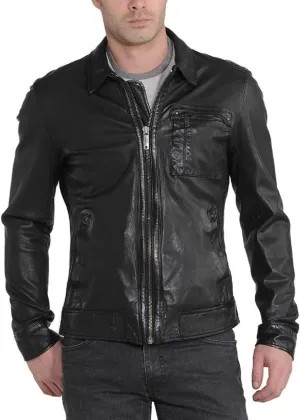 D DOLLY LAMB Men's Lambskin Leather Bomber Biker Jacket (Black)