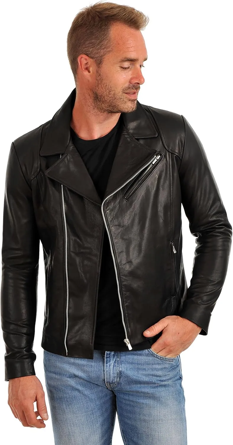 D DOLLY LAMB Men's Lambskin Leather Bomber Biker Jacket, Black
