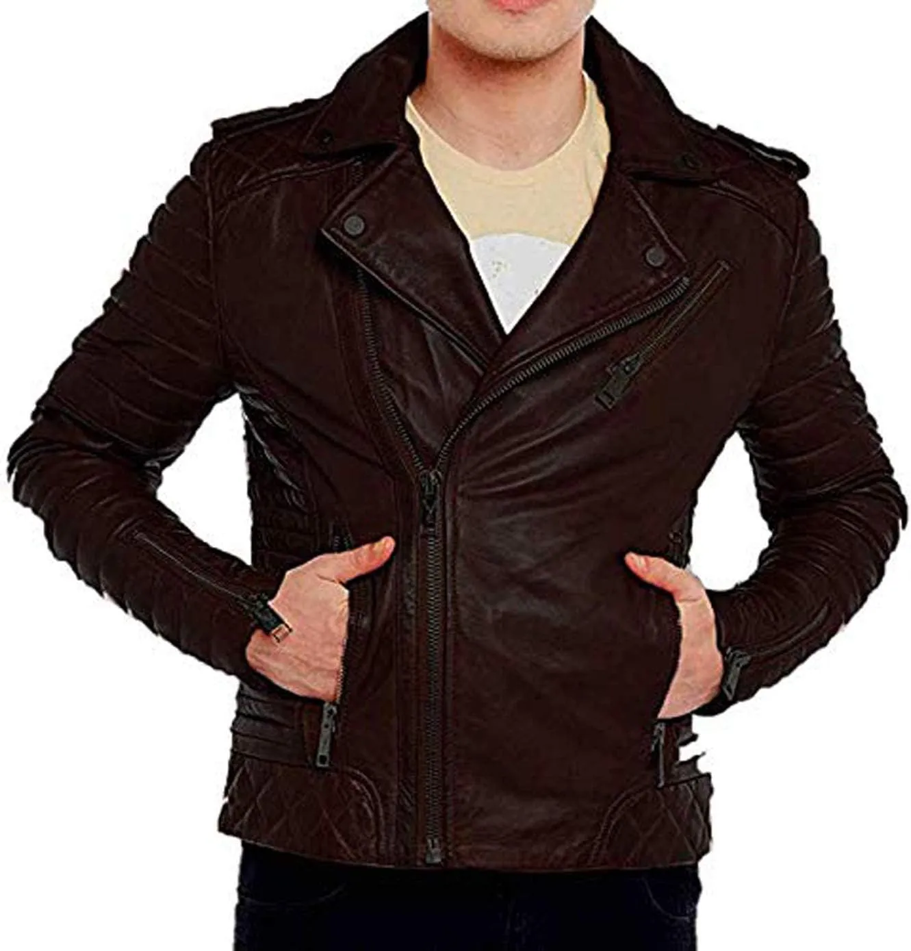 D DOLLY LAMB Men's Lambskin Leather Bomber Biker Jacket (Coffee Brown)