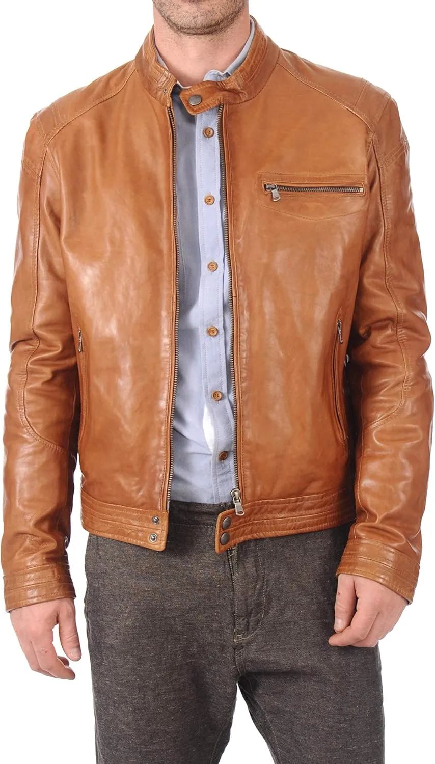 D DOLLY LAMB Men's Lambskin Leather Bomber Biker Jacket (Tan)