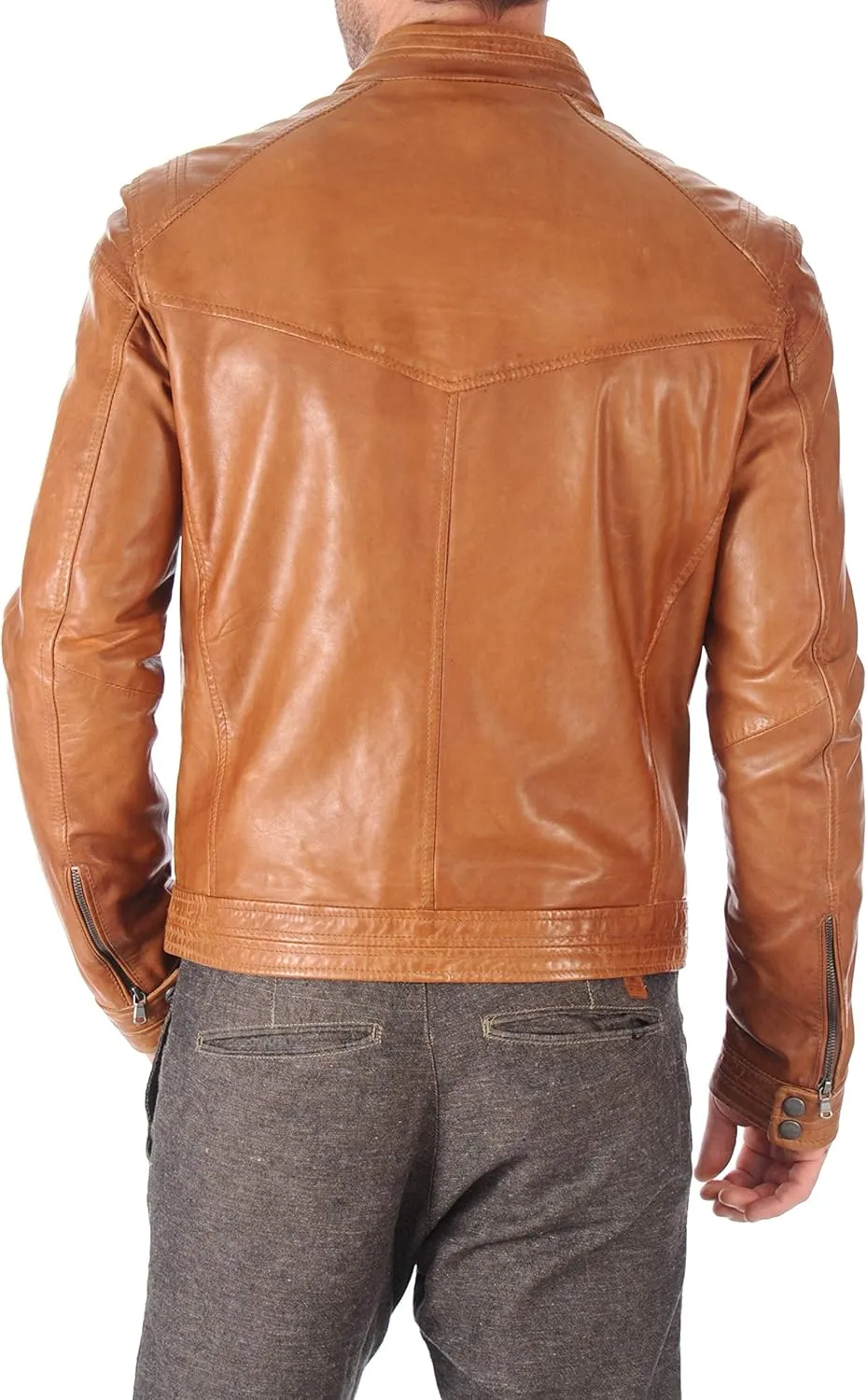 D DOLLY LAMB Men's Lambskin Leather Bomber Biker Jacket (Tan)