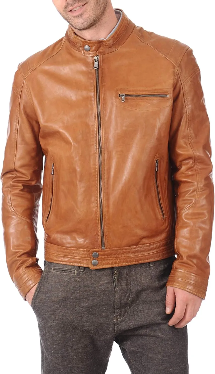 D DOLLY LAMB Men's Lambskin Leather Bomber Biker Jacket (Tan)