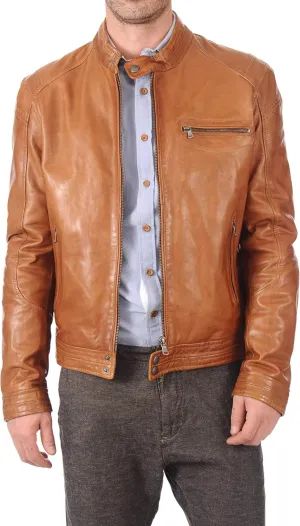 D DOLLY LAMB Men's Lambskin Leather Bomber Biker Jacket (Tan)