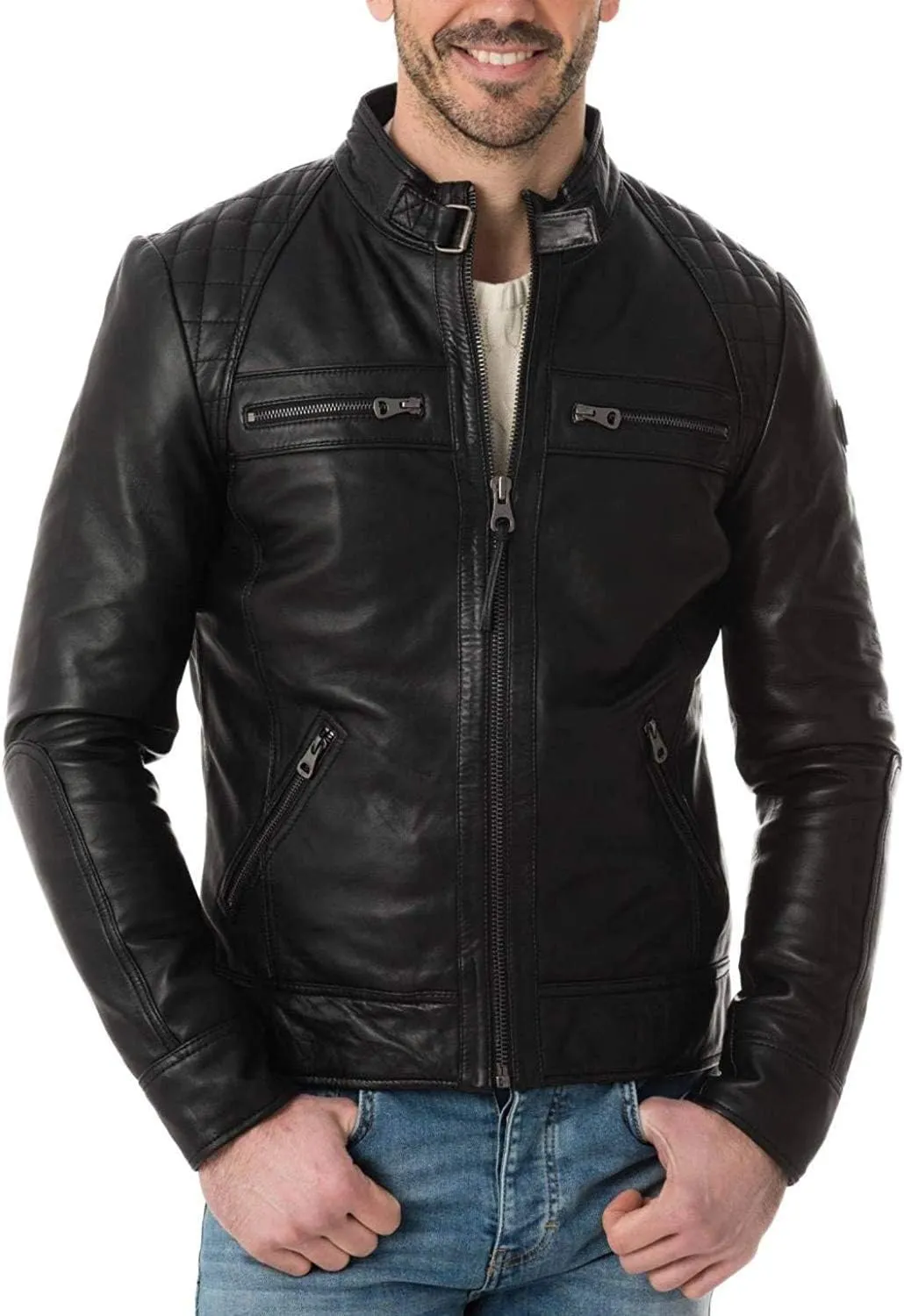 D DOLLY LAMB Men's Lambskin Leather Bomber Biker Jacket, Winter Outfit Jacket (Black)