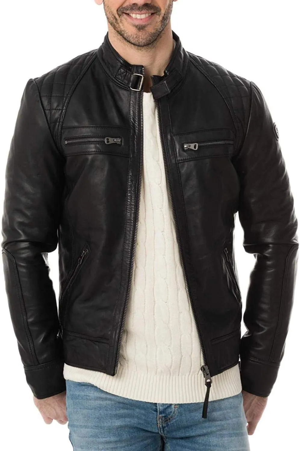 D DOLLY LAMB Men's Lambskin Leather Bomber Biker Jacket, Winter Outfit Jacket (Black)