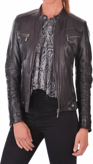D DOLLY LAMB Women's Lambskin Leather Bomber Biker Jacket