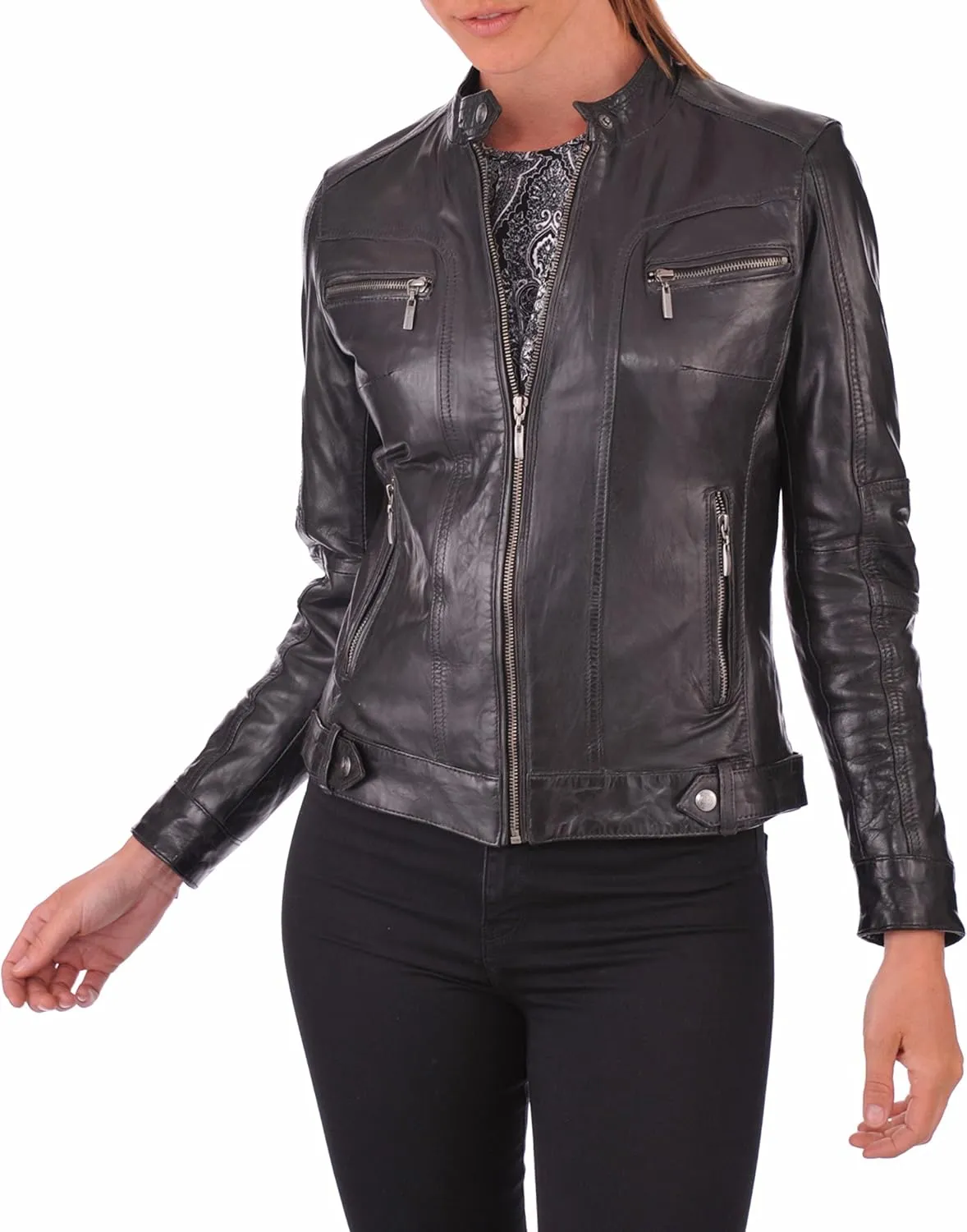 D DOLLY LAMB Women's Lambskin Leather Bomber Biker Jacket