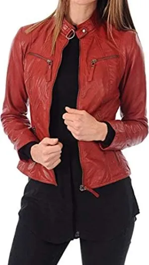 D DOLLY LAMB Women's Lambskin Leather Jacket, Stylish Round Collar, Slim Fit & Quilted - Winter Casual Wear Moto Biker Jacket