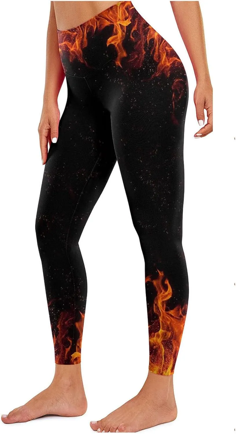 DASAYO Workout Yoga Pants for Women Trendy Flame Print High Waist Tummy Control 7/8 Activewear Leggings