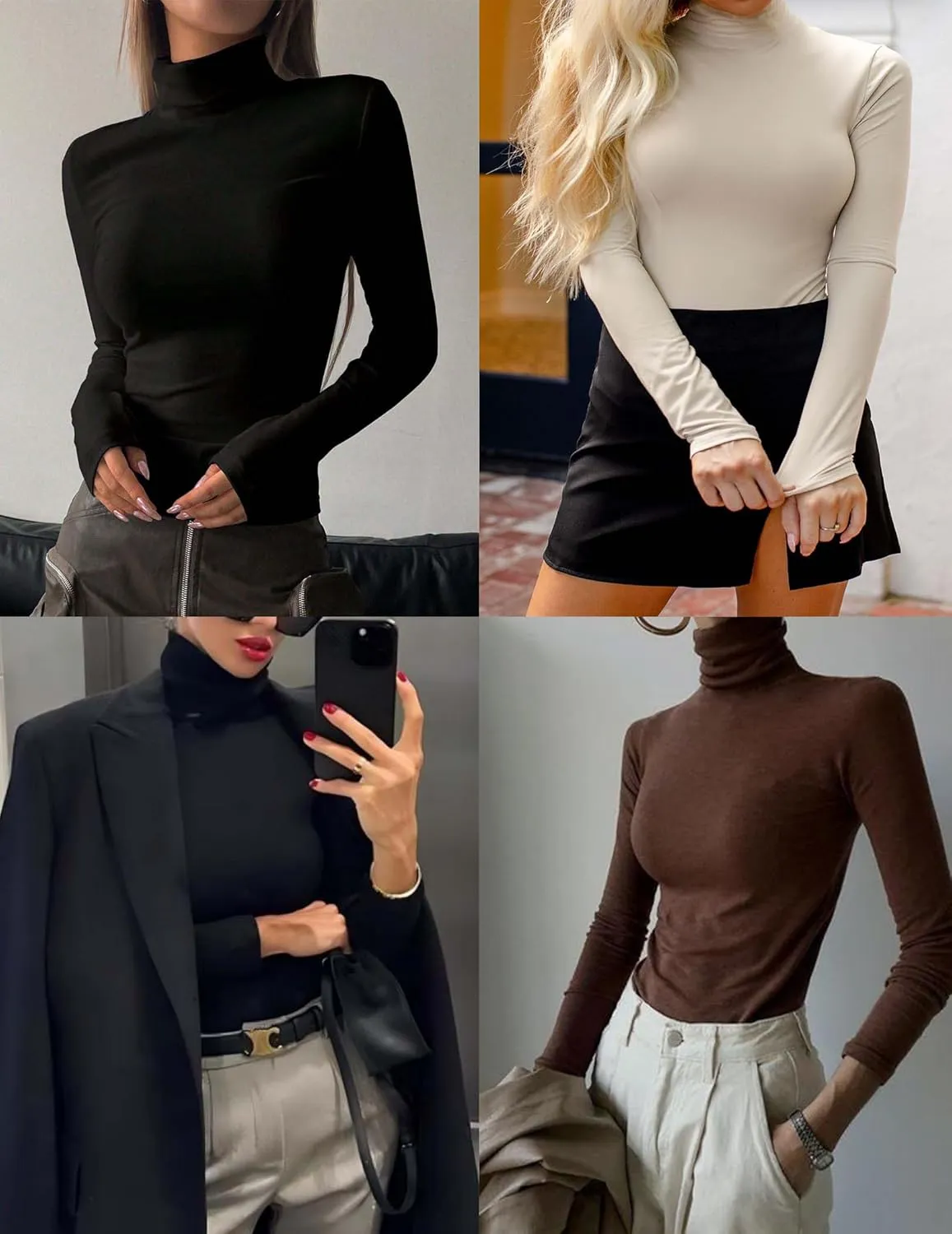 Ekouaer Women's 3 Pack Turtleneck Long Sleeve Shirts Slim Fit Thermal Underwear Tops Lightweight Pullover Tees