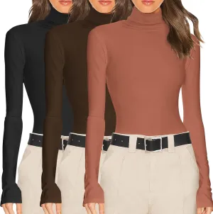 Ekouaer Women's 3 Pack Turtleneck Long Sleeve Shirts Slim Fit Thermal Underwear Tops Lightweight Pullover Tees