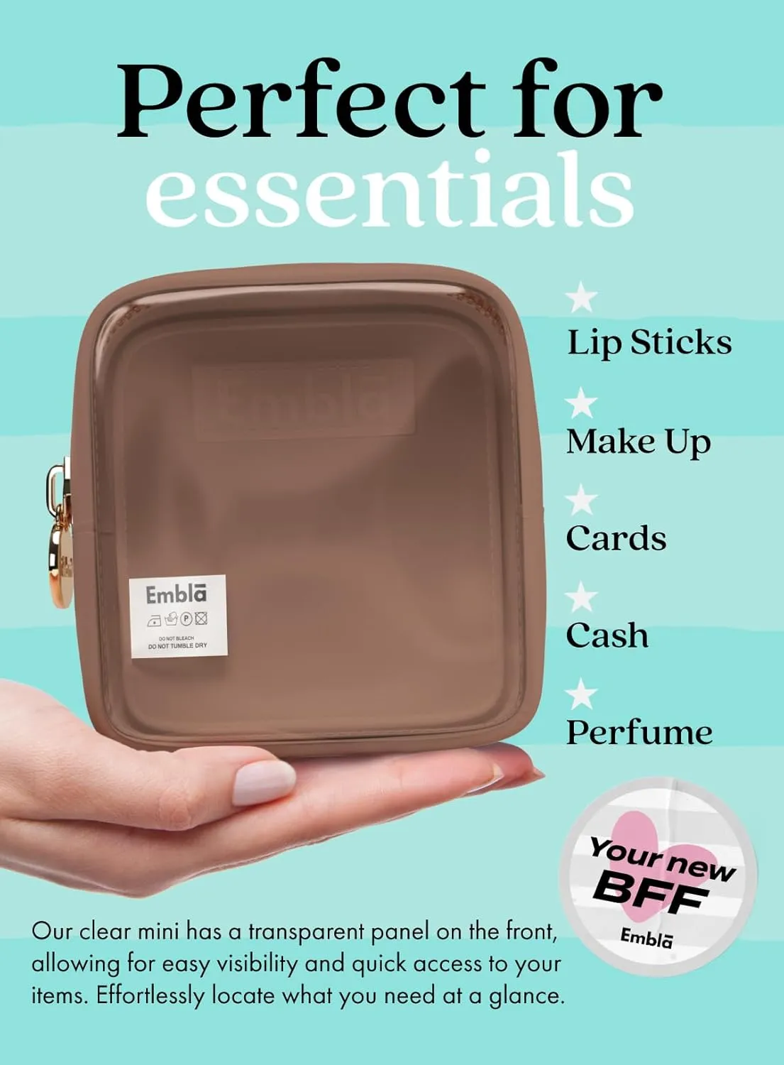 Embla Clear Cosmetic Bag Makeup Case, Clear Zipper Make Up Pouch and Toiletry Travel Tote, Cute Skincare Pouches for Women Girls, Preppy Purse Cosmetic Organizer, Mini Makeup Bags, Mocha Mousse