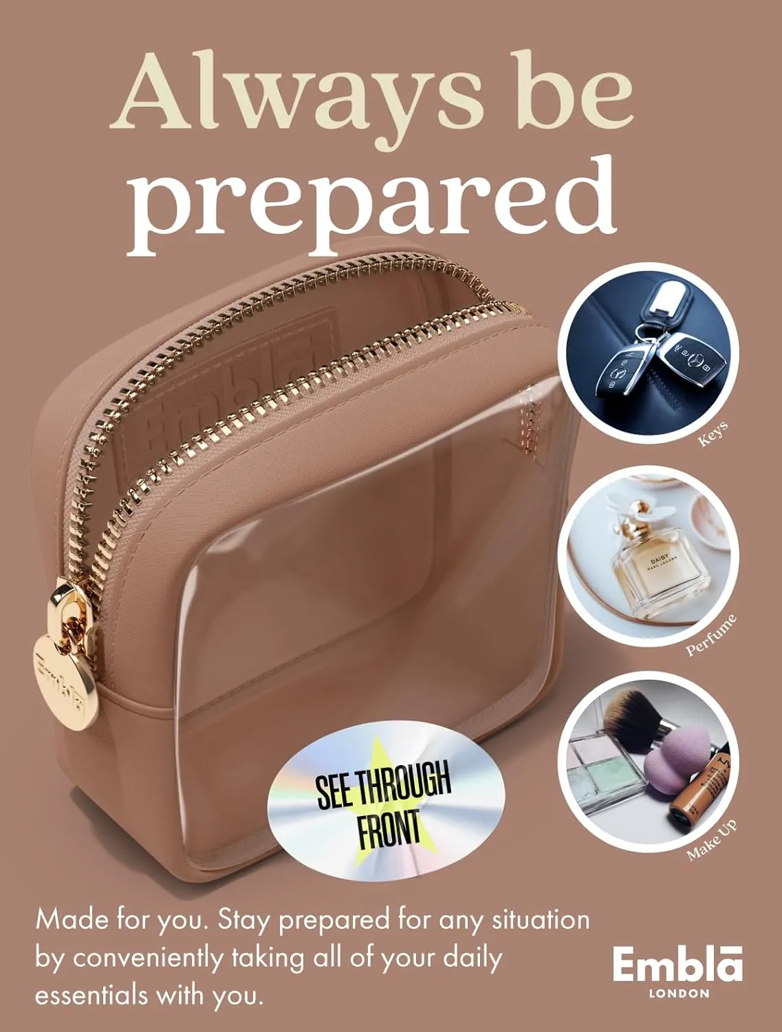 Embla Clear Cosmetic Bag Makeup Case, Clear Zipper Make Up Pouch and Toiletry Travel Tote, Cute Skincare Pouches for Women Girls, Preppy Purse Cosmetic Organizer, Mini Makeup Bags, Mocha Mousse