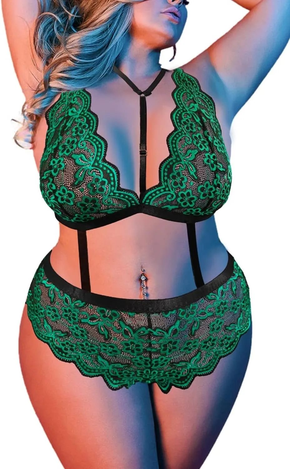 EVELUST Plus Size Lingerie Set for Women, Sexy Choker Lace Scallop Bralettes & High Waisted Panties One Piece Teddy Bodysuit