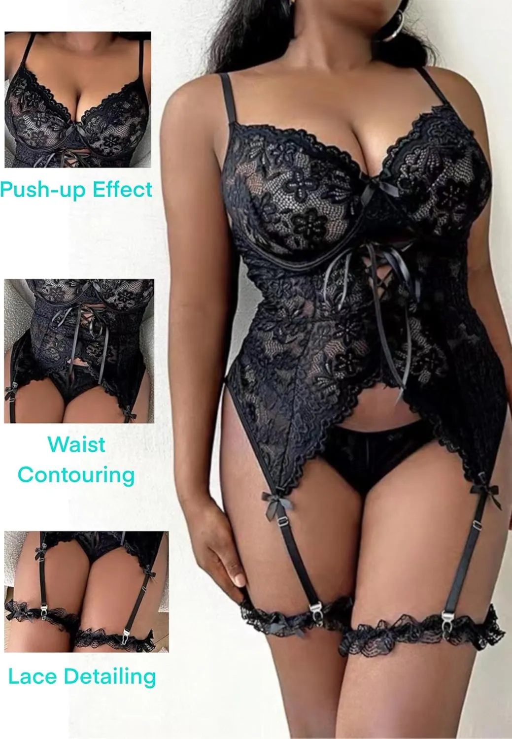 Exquisite Plus Size Floral Lace Lingerie Set with Garter - Sensual Elegance and Alluring Charm