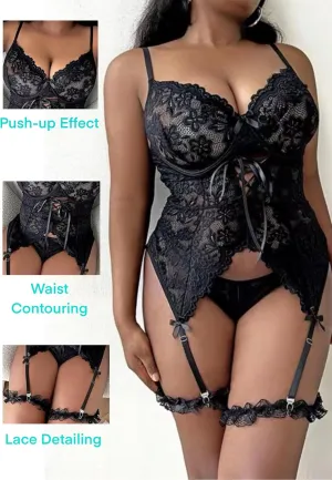 Exquisite Plus Size Floral Lace Lingerie Set with Garter - Sensual Elegance and Alluring Charm