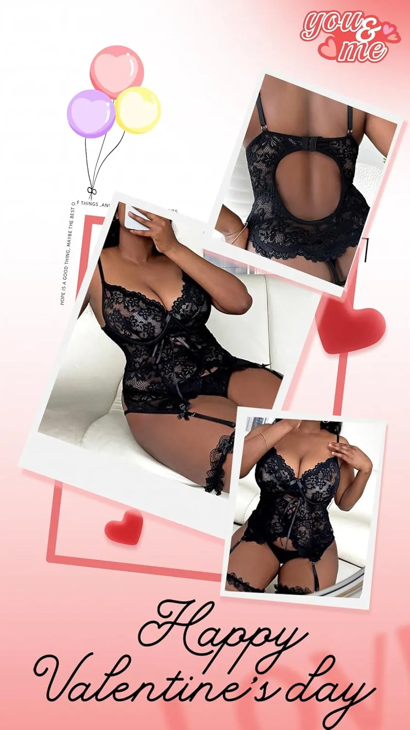 Exquisite Plus Size Floral Lace Lingerie Set with Garter - Sensual Elegance and Alluring Charm