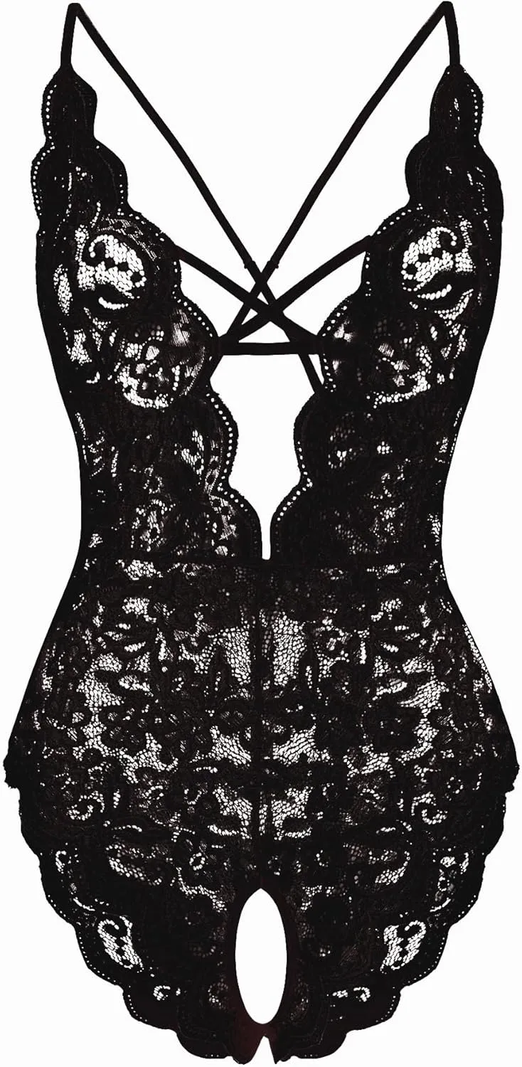 Fem&Fata Women's One Piece Lingerie Sexy Lace Teddy Deep V Bodysuit Underwear S-XXL
