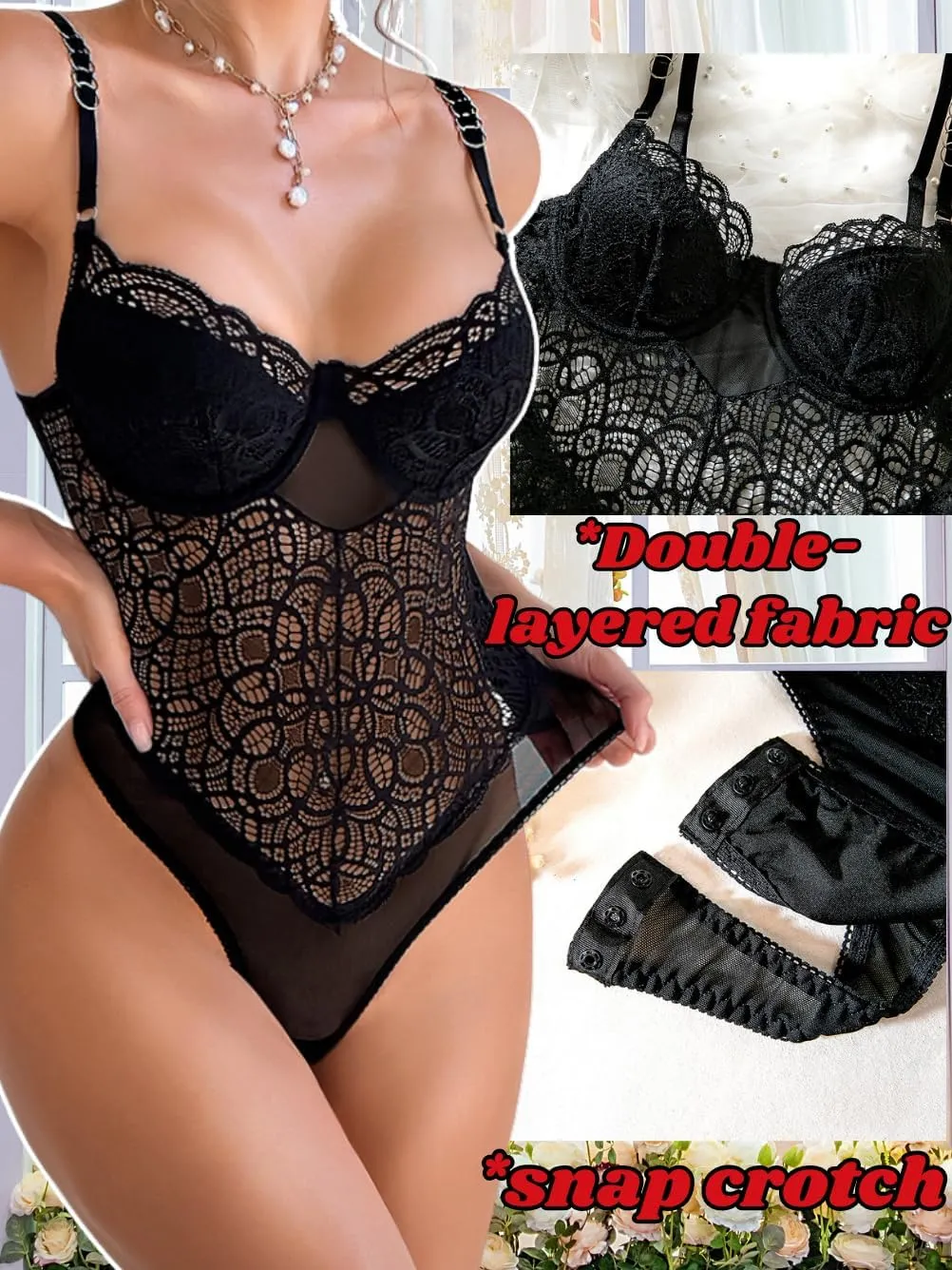 Floral Lace Bodysuit Lingerie,High Cut Sexy Body Suits Women,Sheer Mesh Corset Tops Date Night Club